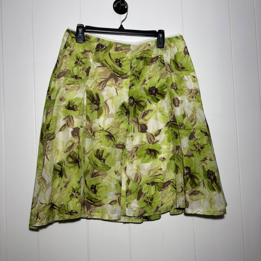 Y2K Banana Republic‎ Green Floral Silk Blend Pleated Midi Skirt Sz 10 Garden